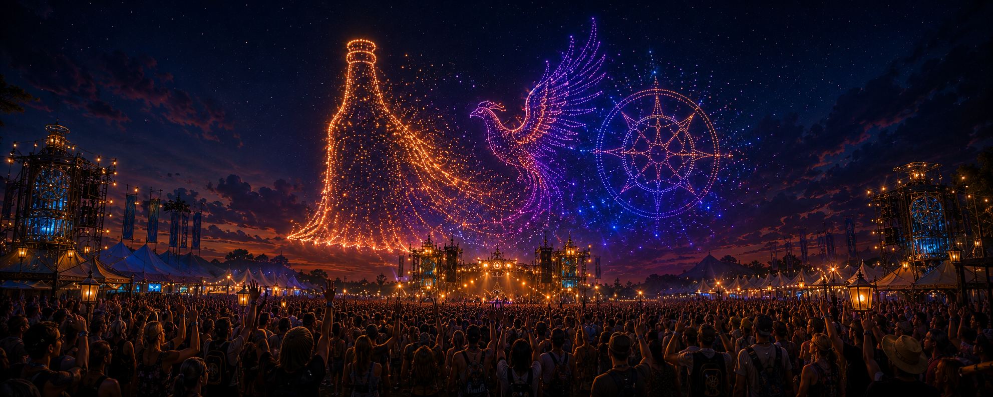 Axiom Festival drone show — illuminated phoenix, vessel, and compass formations